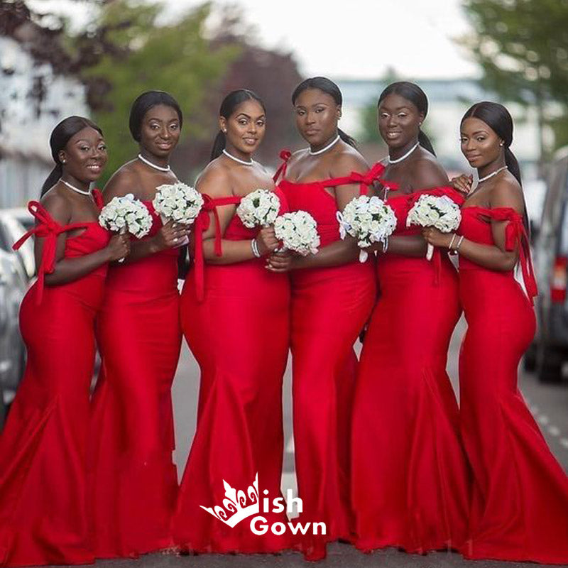 Sexy Red Mermaid Off Shoulder Maxi Long Wedding Guest Bridesmaid Dresses, WGM179