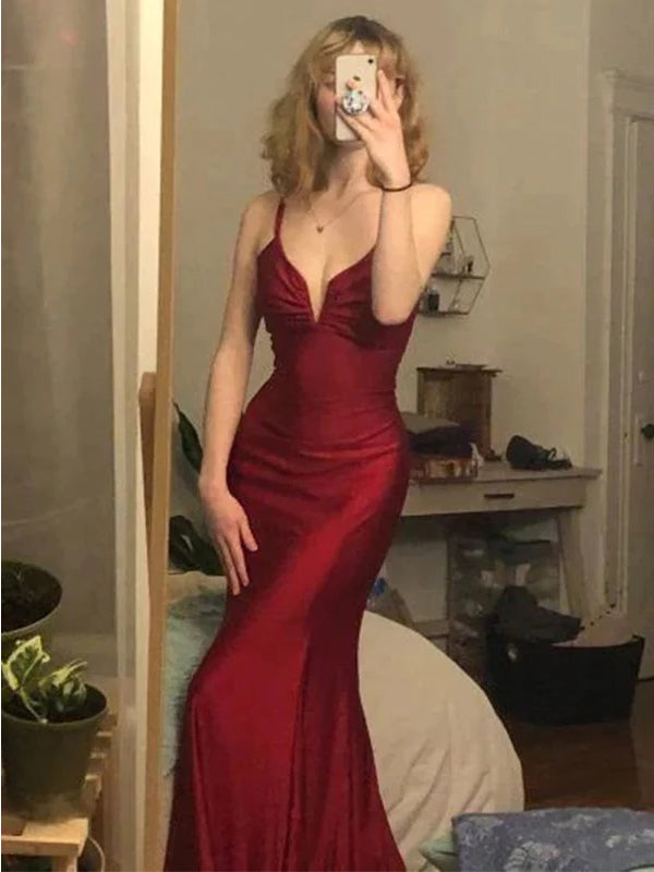 Sexy Mermaid Red Spaghetti Straps V-neck  Maxi Long Party Prom Dresses,Evening Dresses,WGP290