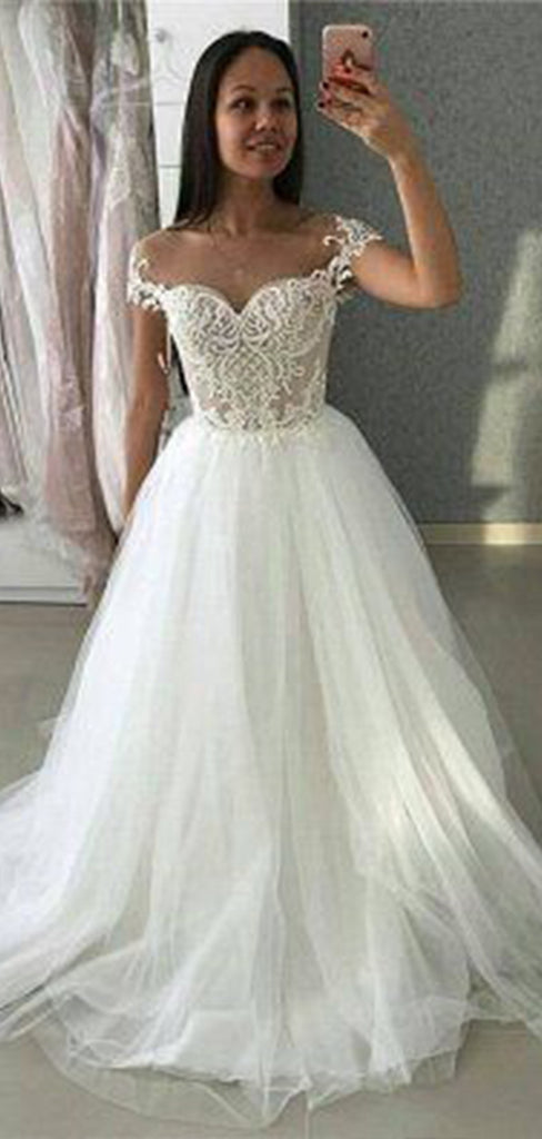 Elegant Sweetheart Cap Shoulder Applique Popular Bridal Long Wedding Dresses, WDH102