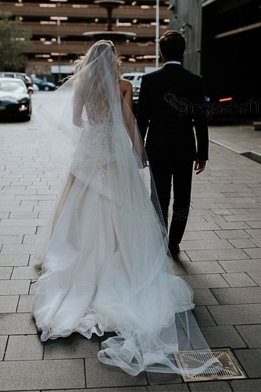 Romantic Tulle Strapless With Train Applique Popular Bridal Long Wedding Dresses, WDH108