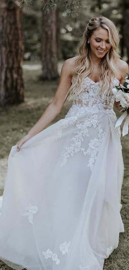 Romantic Tulle Strapless With Train Applique Popular Bridal Long Wedding Dresses, WDH108