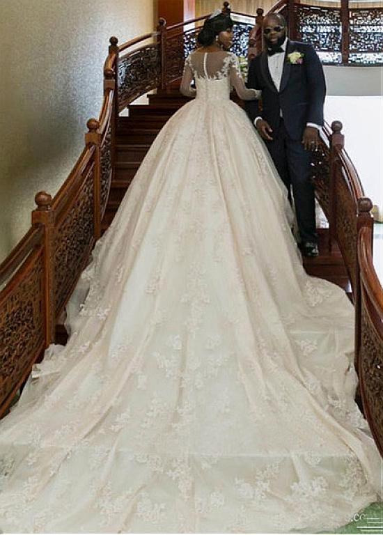 Elegant Illusion Full Sleeve Applique Ball Gown Popular Bridal Long Wedding Dresses, WDH088