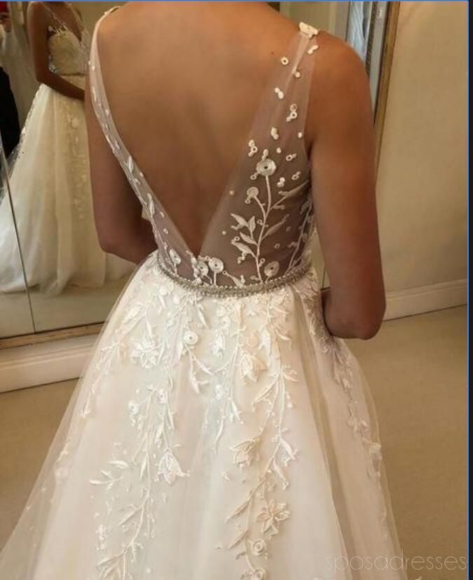 Romantic Tulle Straps V Neck 3/4 Sleeve Backless Applique Popular Bridal Long Wedding Dresses, WDH090