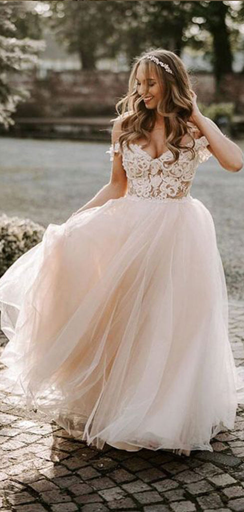 Romantic Tulle Straps V Neck With Train Applique Popular Bridal Long Wedding Dresses, WDH091