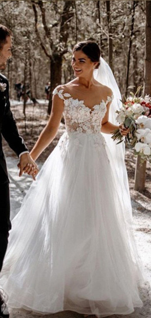 Romantic Tulle Cap Shoulder V Neck Applique Popular Bridal Long Wedding Dresses, WDH095