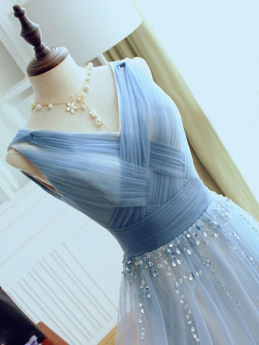 Blue V Neck Tulle Affordable Elegant Formal Long Prom Dresses, WG1007 - Wish Gown