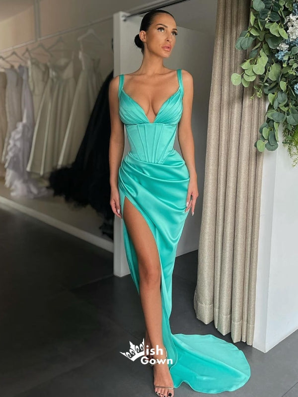 Mint-Green Straps Fishbone Bodycon Slits Mermaid Evening Gowns Prom Dresses , WGP140
