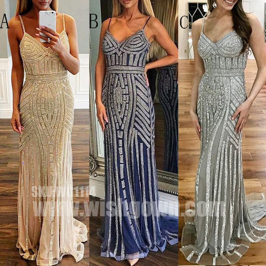 Most Popular Sparkle Charming Spaghetti Strap Evening Long Prom Dresses, WG1114