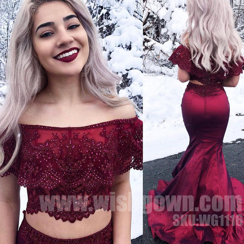 Two Pieces Off the Shoulder Mermaid Cheap Long Evening Prom Dresses, WG1116