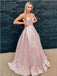 Cute Pink A-line Spaghetti Straps V-neck Maxi Long Evening Prom Dresses, WGP250