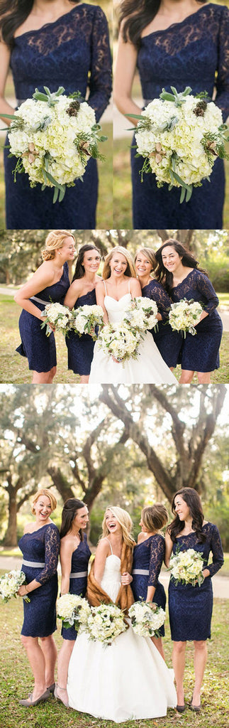 Elegant One Shoulder Long Sleeve Lace Navy Blue Knee Length Short Cheap Bridesmaid Dresses, WG128 - Wish Gown