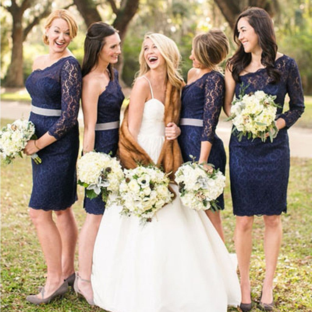 Elegant One Shoulder Long Sleeve Lace Navy Blue Knee Length Short Cheap Bridesmaid Dresses, WG128 - Wish Gown