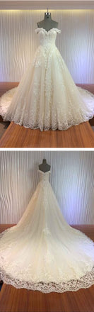 Gorgeous Off Shoulder Sweetheart Zip Up Long A-line Lace Wedding Dresses, WD0148 - Wish Gown
