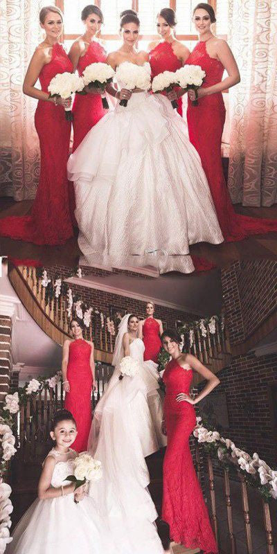 Charming Popular Red Halter Sexy Mermaid Lace Long Wedding Guest Bridesmaid Dresses, WG152 - Wish Gown