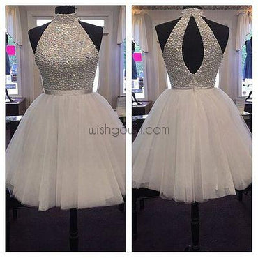 Halter Sexy Open back White homecoming prom dresses, CM0005