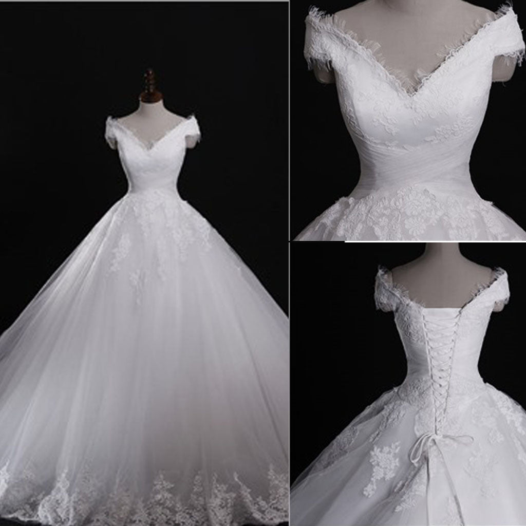 Classic Style Off Shoulder Lace Up Vantage Lace Wedding Dresses, WD0180 - Wish Gown