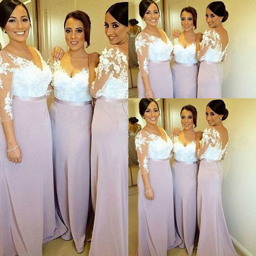 Charming Long Sleeve White Lace Elegant Long Inexpensive Wedding Party Bridesmaid Dresses, WG191 - Wish Gown