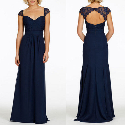 Cap Sleeve Open Back Lace Sweet Heart Chiffon Navy Blue Formal Cheap Bridesmaid Dresses, WG43 - Wish Gown