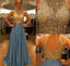 Stunning Golden Sparkle A Line Blue Chiffon Morden Evening Long Prom Dresses, WG226