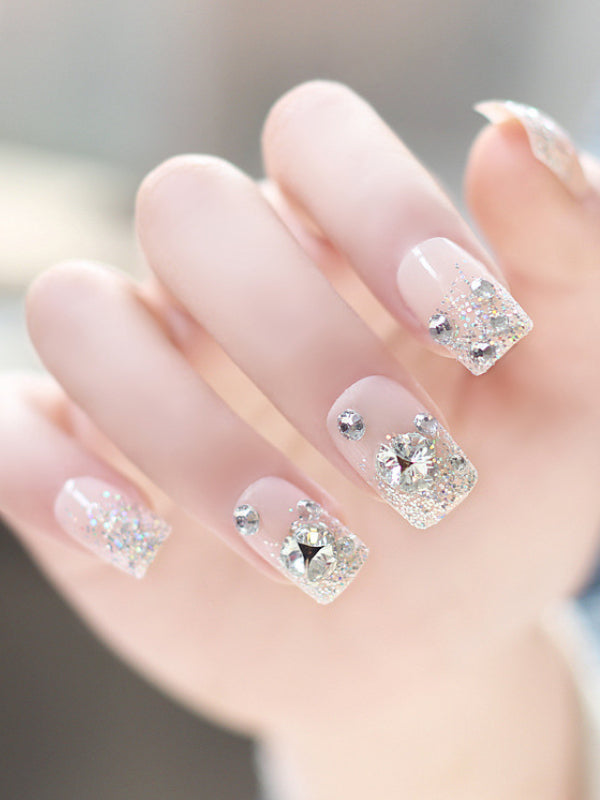 Rhinestone Fake Nails, False Nails Bling Wedding Press on Nails with Design for Women and Girls