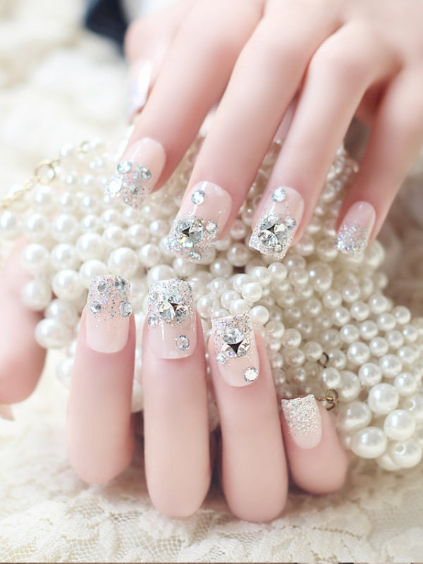 Rhinestone Fake Nails, False Nails Bling Wedding Press on Nails with Design for Women and Girls