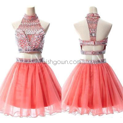 Sexy Coral Two Pieces Rhinestone Beaded homecoming prom dresses, CM0030