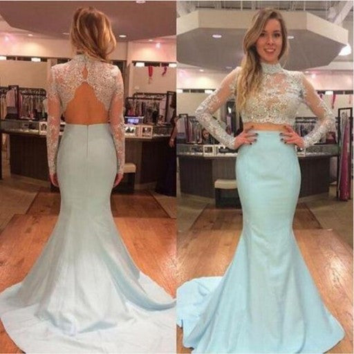 Two Pieces High Neck Long Sleeves Mermaid Blue  Long Prom Dresses, WG300