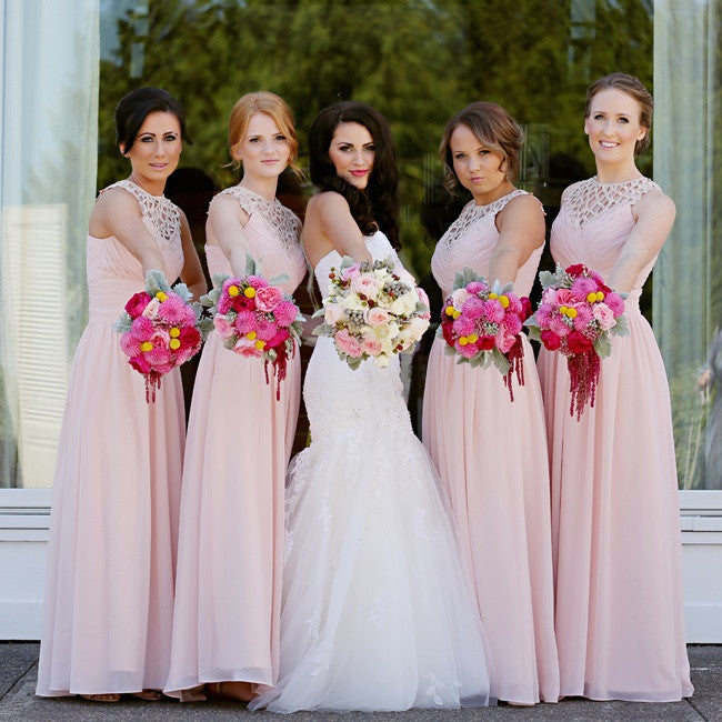 Pink Long Chiffon A Line Formal Cheap Wedding Party Bridesmaid Dresses, WG334