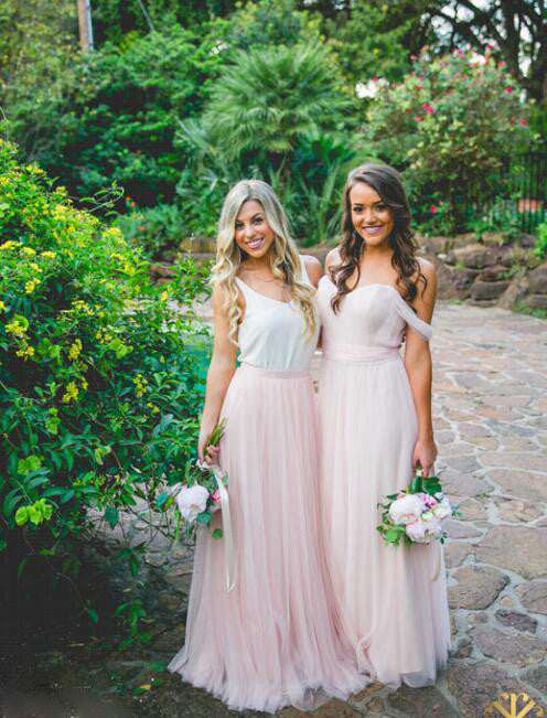 Long Light Pink Tulle Cheap Bridesmaid Dresses for Weddings, WG392
