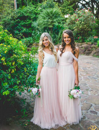 Long Light Pink Tulle Cheap Bridesmaid Dresses for Weddings, WG392