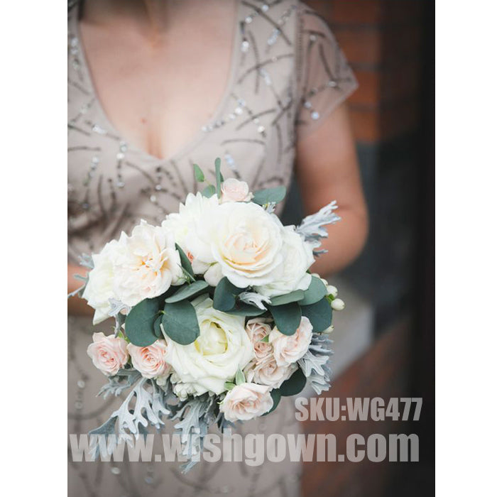 Charming Short Sleeves Beading Popular Long Wedding Bridesmaid Dresses, WG477 - Wish Gown