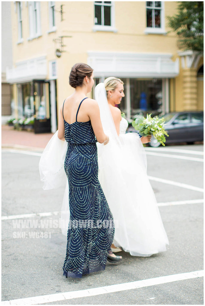 Elegant Spaghetti Strap Popular Sequin Long Wedding Bridesmaid Dresses, WG481 - Wish Gown