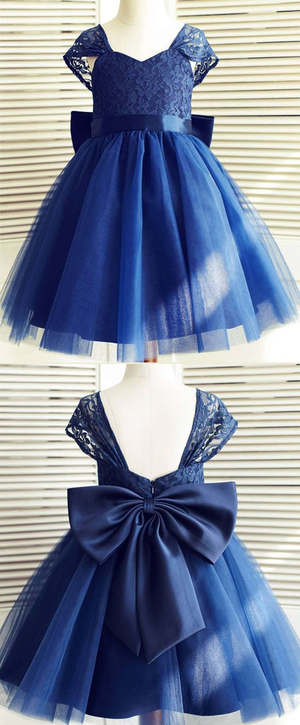 Royal Blue Cap Sleeves Lovely Weding Little Girl Flower Girl Dresses with Bow, FGD001