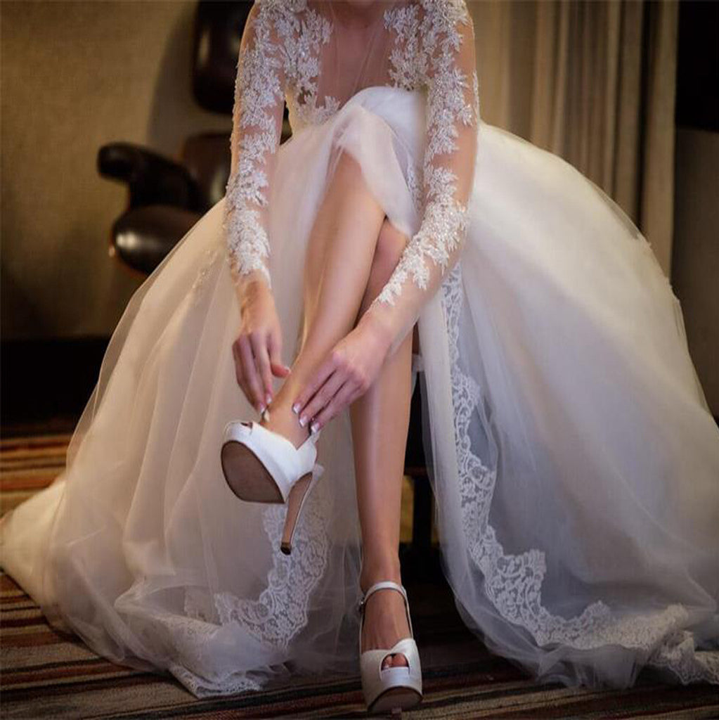 Charming Popular Long Sleeve Lace See Through Wedding Party Dresses, WD0049 - Wish Gown