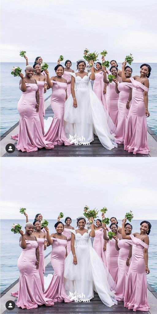 Sexy Pink Mermaid Spaghetti Straps Off Shoulder Long Bridesmaid Dresses, WGM154