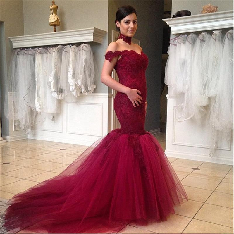 Burgundy Off Shoulder Lace Mermaid Gorgeous Long Prom Dress, WG522 - Wish Gown