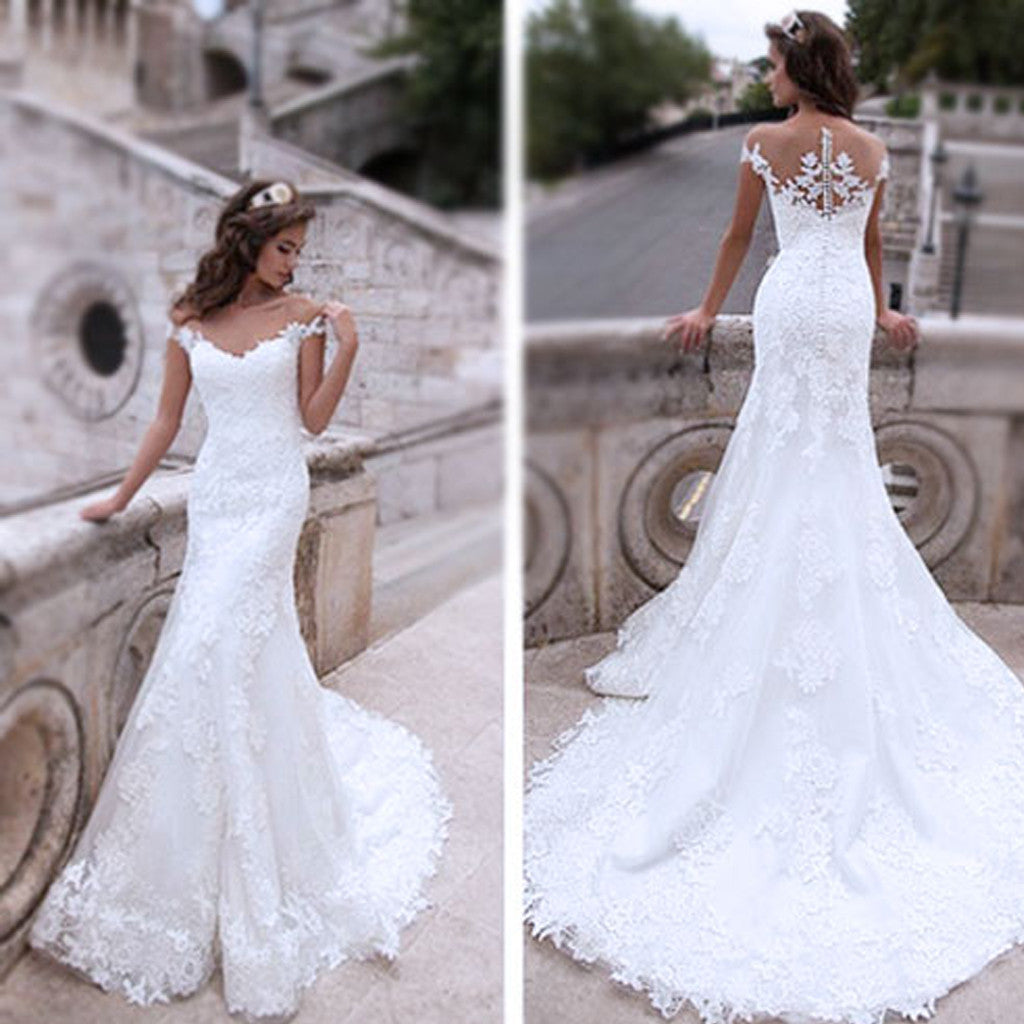 Charming Off Shoulder Sexy Mermaid White Lace Bridal Gown, Wedding Dresses, WD0058 - Wish Gown