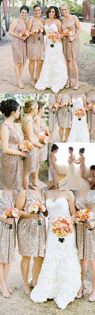 Best Sale Sequin Off Shoulder V-Neck Shinning Knee-Length Inexpensive Free Custom Make Bridesmaid Dress, WG13 - Wish Gown