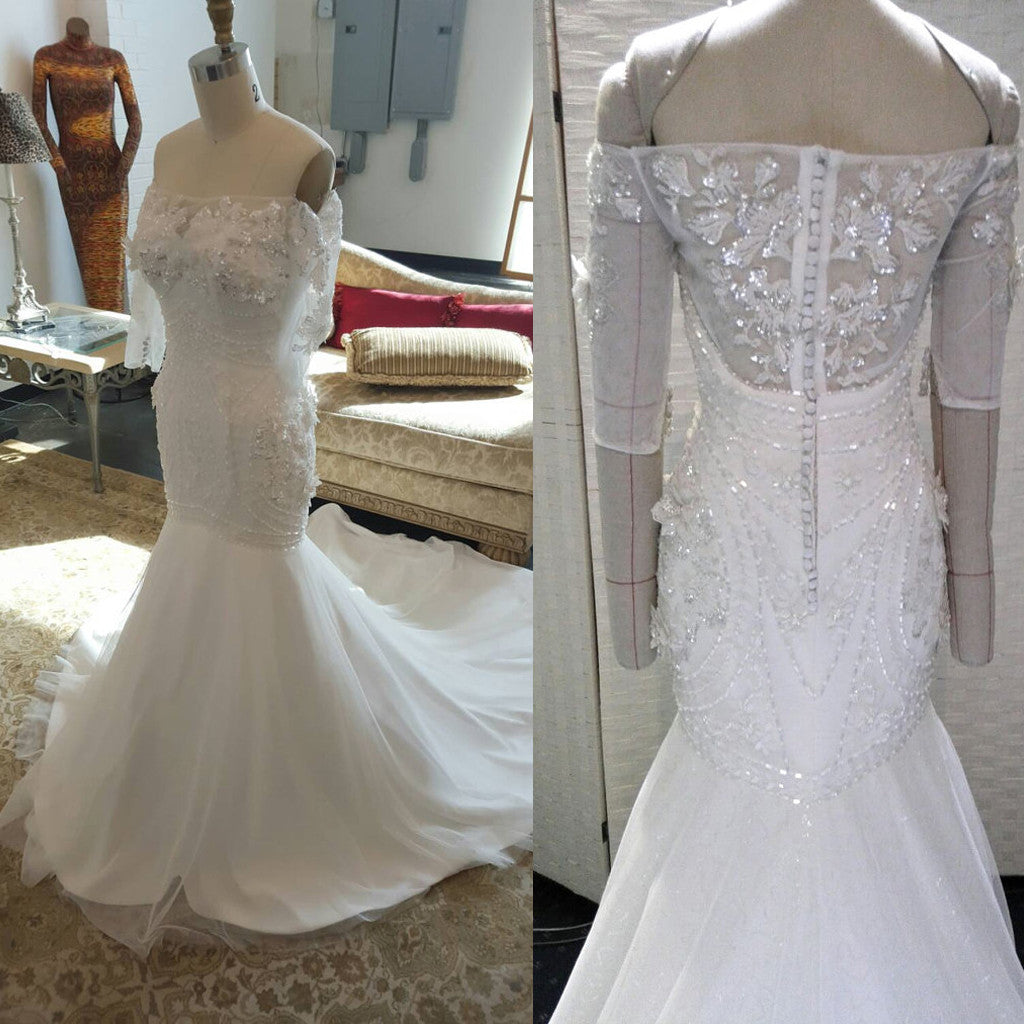 Gorgeous Beaded Long Sleeves Mermaid Straight Neck Long Bridal Wedding Dress Gown, WG637 - Wish Gown