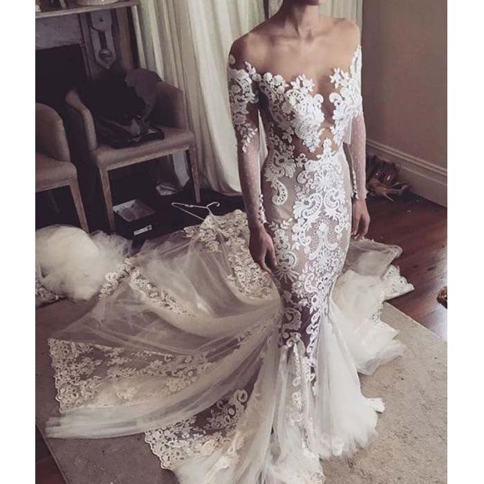 Charming Sexy Tulle Applique long sleeves Mermaid Long Wedding Dresses, WG662 - Wish Gown