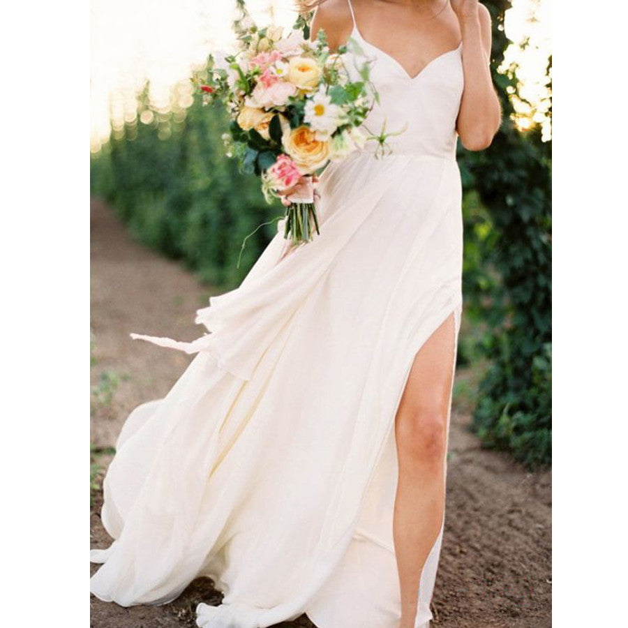 Chiffon Ivory Simple Sexy Side Split Long Brides Beach Wedding Dresses, WG665 - Wish Gown
