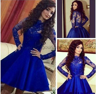 Royal Blue Long Sleeve Lace Pretty Knee Length Cheap Short Graduation Homecoming Dress, WG701