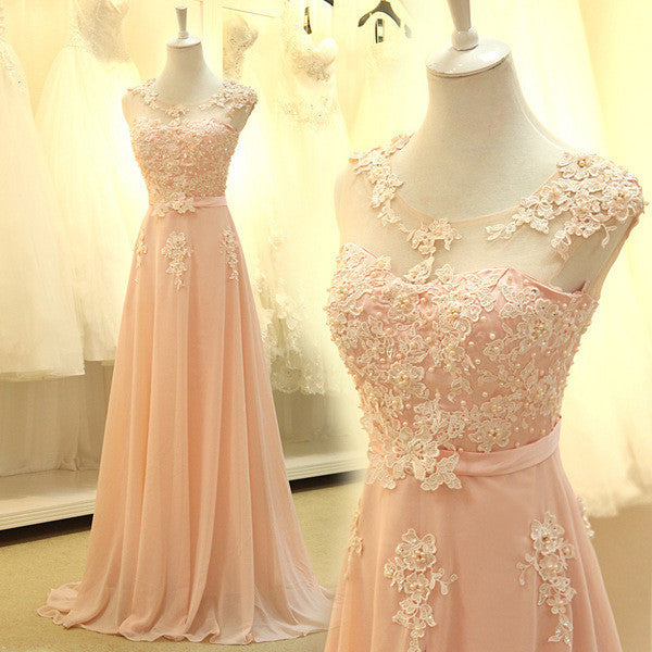 Elegant Peach Applique Chiffon Popular Long Prom Dresses, WG701 - Wish Gown