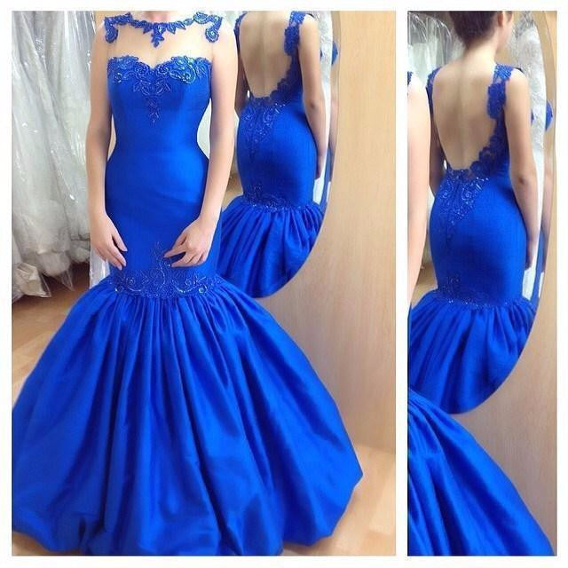 Royal Blue Mermaid Affordable Backless Long Prom Dresses, WG707