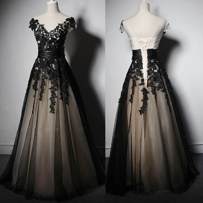 Black Applique Cap Sleeve Lace Up Back V Neck Long Prom Dresses, WG708 - Wish Gown