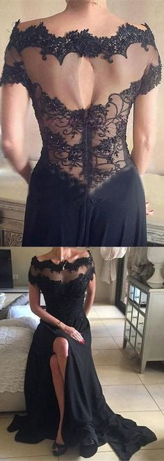 Black Off the Shoulder Short Sleeves Split Long Lace Prom Dresses, WG720 - Wish Gown