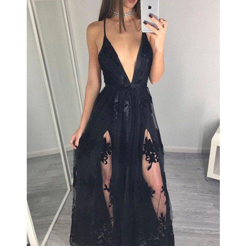 Deep V Neck Sexy Slit Applique Unique Cheap Long Beach Prom Dress, WG732 - Wish Gown