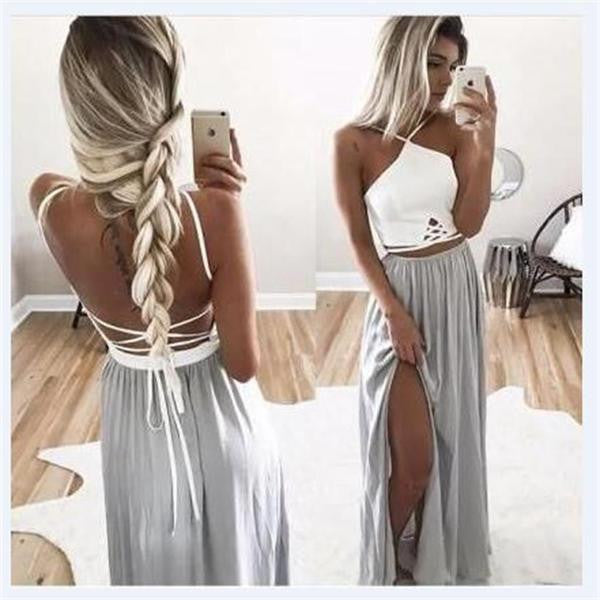 2 Pieces Popular Sexy Side Split Open Back Cheap Beach Long Prom Dresses, WG758 - Wish Gown