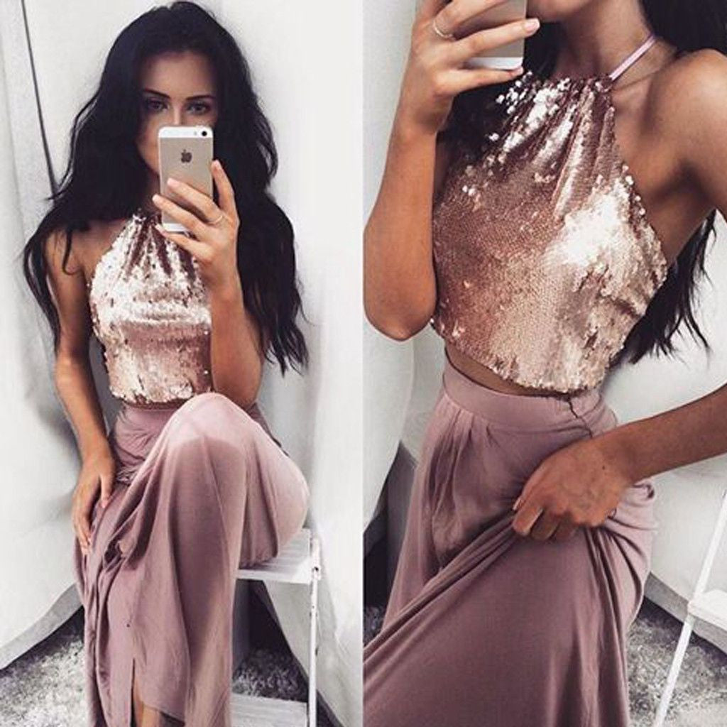 2 Pieces Popular Sexy Halter Sequin Top Cheap Long Prom Dresses, WG763 - Wish Gown