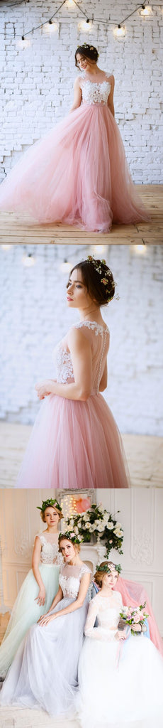 Charming Pink Lace Top Tulle Formal Evening Cheap Long Prom Dresses, WG790 - Wish Gown